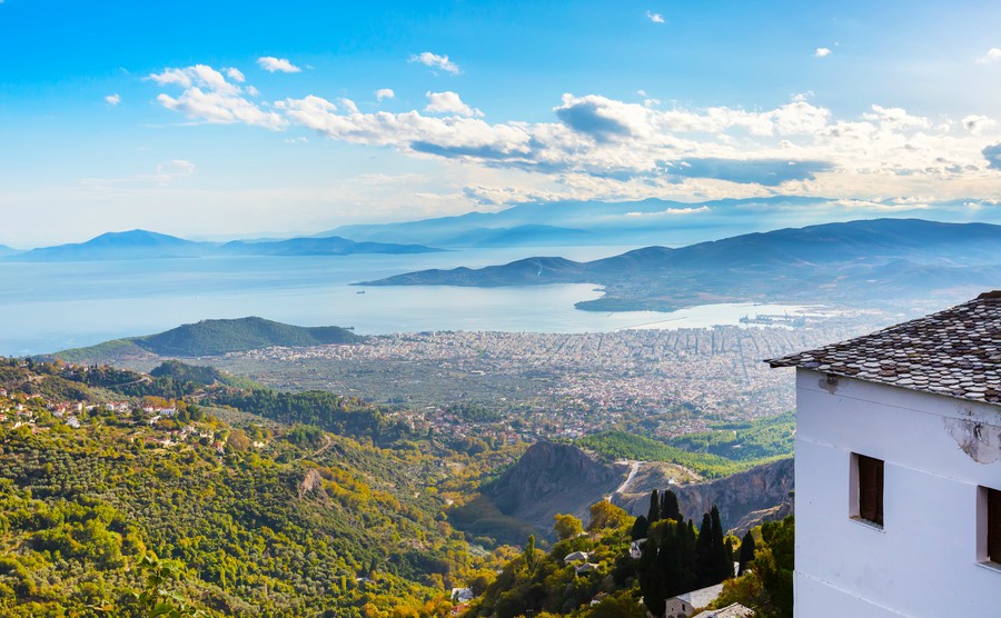 Volos city and sea gulf aerial view from Pelion mount, Greece