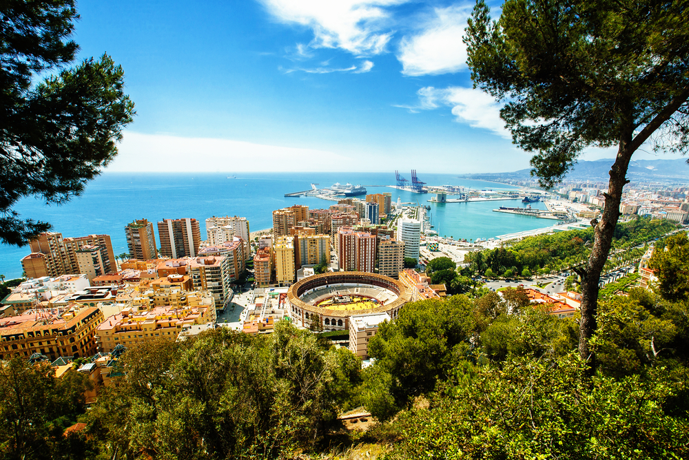 View of the city of Malaga, with the bullring and the Port.