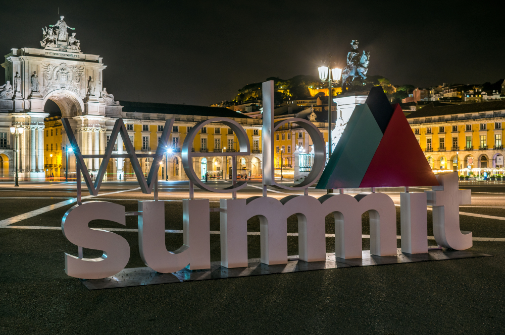 LISBON, PORTUGAL - NOVEMBER 08, 2017: A sign for Europe's biggest tech conference, the Web Summit, at Commerce Square