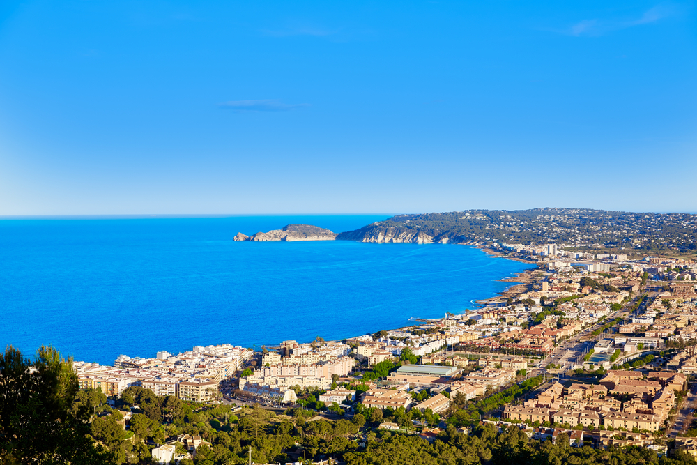 Javea Xabia aerial skyline with port bay and village in Alicante Spain