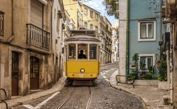 A tram climbing the hill in Lisbon.