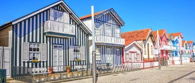 Typical houses with colorful stripes in Costa Nova, Aveiro, Portugal