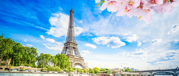 Eiffel Tower and Seine riverbank at spring day, Paris, France with sunshine