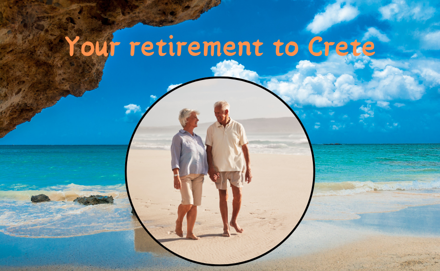 A photograph of the sea in Crete, a retired couple are over the top in a circle, with the words "your retirement to Crete". 